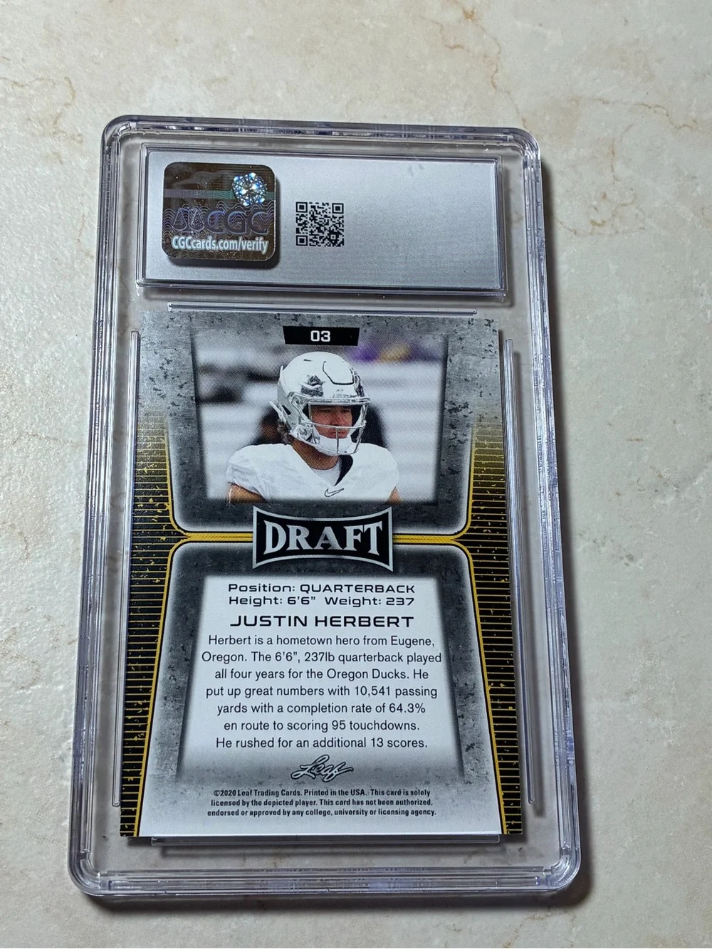 2020 Leaf Draft Justin Herbert Rookie Card - Graded CGC Gem 10